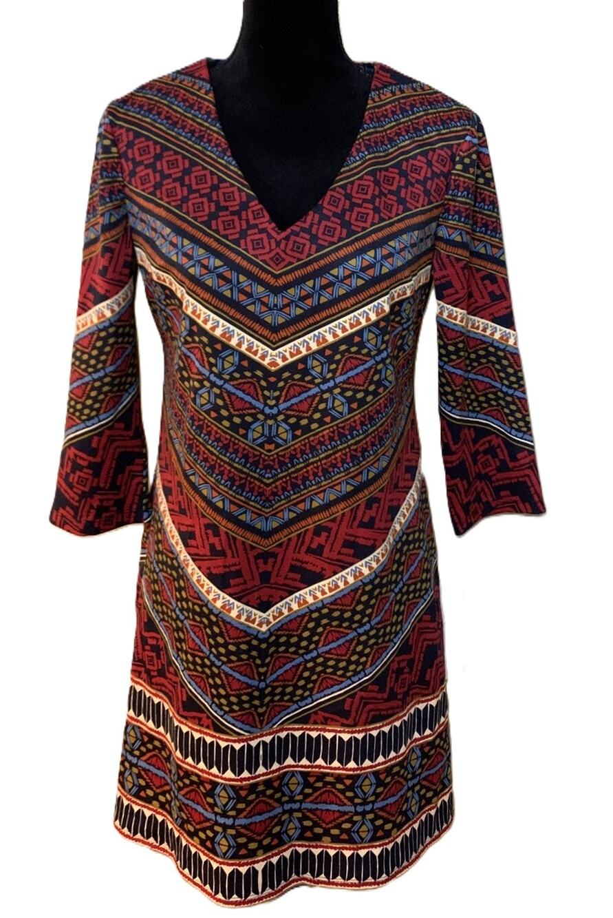 Wisp Gloria Ponte Knit Dress Size 6 Aztec Design Red & Blue NEW w/Tag